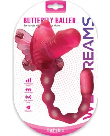 WET DREAMS BUTTERFLY BALLER SEX HARNESS W/ DILDO & DUAL MOTORS