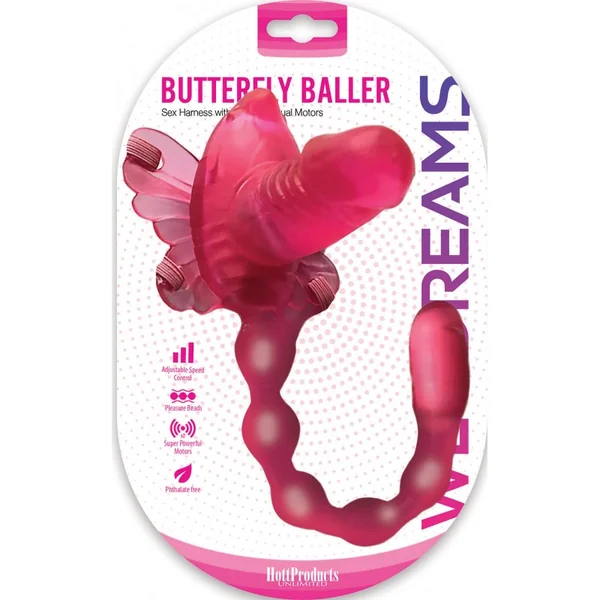 WET DREAMS BUTTERFLY BALLER SEX HARNESS W/ DILDO & DUAL MOTORS