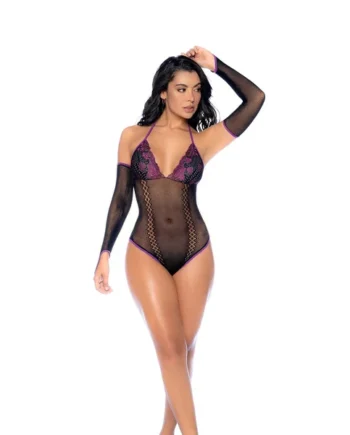Whispered Lace Fishnet Bodysuit - Os - Black/purple